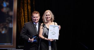 Professor Phillip Della from Curtin University and Dr Susan Slatyer with her award. Photograph - Brayton Gilette.