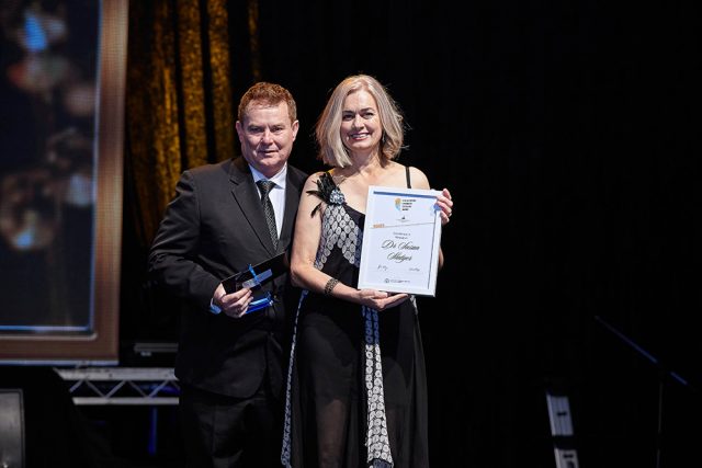 Professor Phillip Della from Curtin University and Dr Susan Slatyer with her award. Photograph - Brayton Gilette.