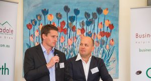 Member for Canning Andrew Hastie introduces Liberal candidate for Burt Matt O’Sullivan to the business crowd. Photograph — Robyn Molloy.