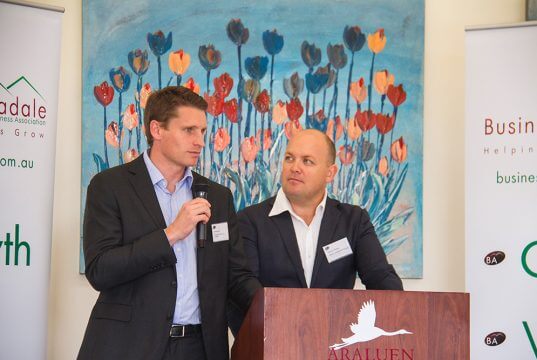 Member for Canning Andrew Hastie introduces Liberal candidate for Burt Matt O’Sullivan to the business crowd. Photograph — Robyn Molloy.