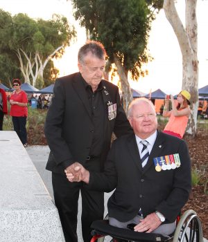 Vietnam veteran and Serpentine Jarrahdale RSL president Ric Giblett was instrumental to the creation of Anzac Memorial Park in the Glades, Byford. He is pictured here at the park’s opening in April 2015 with RSL state president Graham Edwards, also a Vietnam veteran. Photograph — Robyn Molloy.