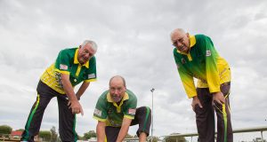 Tony Churcher, Thornlie Bowling Club director Rick Scupham and Laurie Curtis are excited about the club reaching 50 years. Photograph — Matt Devlin.