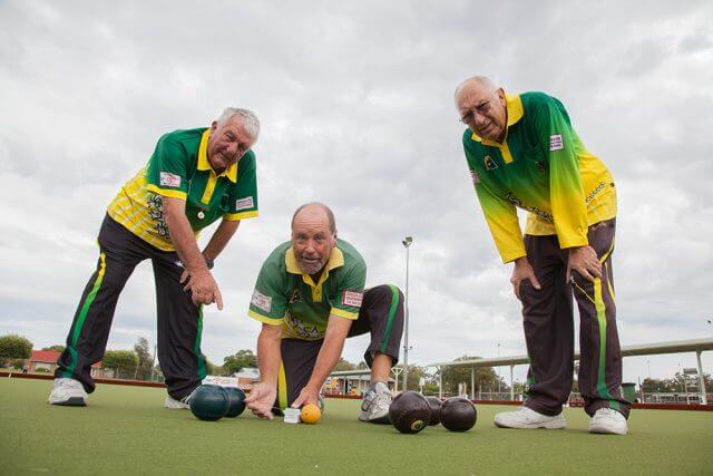 Tony Churcher, Thornlie Bowling Club director Rick Scupham and Laurie Curtis are excited about the club reaching 50 years. Photograph — Matt Devlin.