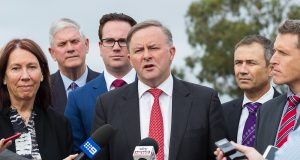 Shadow infrastructure minister Anthony Albanese announces $80 million for the project on Tuesday. Photograph — Matt Devlin.