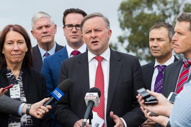Shadow infrastructure minister Anthony Albanese announces $80 million for the project on Tuesday. Photograph — Matt Devlin.