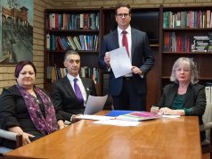 Women’s Council for Domestic and Family Violence Services WA chief executive Angela Hartwig, Member for Armadale Tony Buti, candidate for Burt Matt Keogh and Starick chief executive Leanne Barron. Photograph — Matt Devlin.