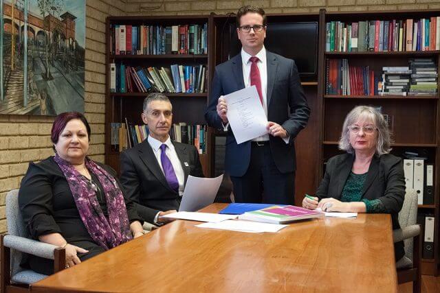 Women’s Council for Domestic and Family Violence Services WA chief executive Angela Hartwig, Member for Armadale Tony Buti, candidate for Burt Matt Keogh and Starick chief executive Leanne Barron. Photograph — Matt Devlin.