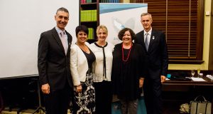 Member for Armadale Tony Buti, Liberal Member for East Metropolitan Region Alyssa Hayden, angelhands founder Ann O’Neill, Labor Member for East Metropolitan Region Alana Clohesy and Member for Darling Range Tony Simpson launch Friends of angelhands at Parliament House. Photograph — Robyn Molloy.