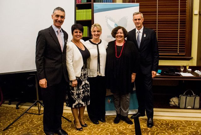 Member for Armadale Tony Buti, Liberal Member for East Metropolitan Region Alyssa Hayden, angelhands founder Ann O’Neill, Labor Member for East Metropolitan Region Alana Clohesy and Member for Darling Range Tony Simpson launch Friends of angelhands at Parliament House. Photograph — Robyn Molloy.