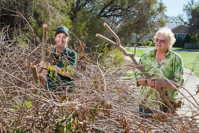 GOS-mary-carroll-celebration Jen Francis from Armadale Gosnells Landcare and Friends of Mary Carroll Wetland coordinator Unice Robinson with a problem tree. Photograph — Matt Devlin.