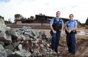 Acting senior sergeant Bron Umbras and first class constable Colleen Grey check the progress at the new Mundijong police station. Photograph — Matt Devlin.