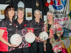 Jayne Lill, Irene McKay, Helen Robinson and Helen Prince celebrate the 50th birthday of the Southern Districts Netball Association. Photograph — Kelly Pilgrim–Byrne.