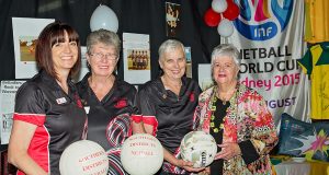 Jayne Lill, Irene McKay, Helen Robinson and Helen Prince celebrate the 50th birthday of the Southern Districts Netball Association. Photograph — Kelly Pilgrim–Byrne.