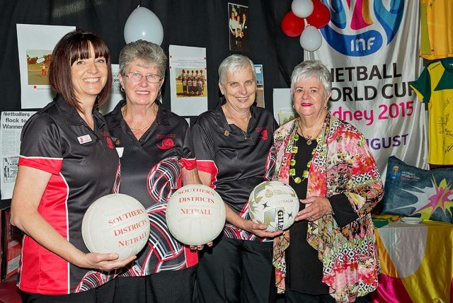 Jayne Lill, Irene McKay, Helen Robinson and Helen Prince celebrate the 50th birthday of the Southern Districts Netball Association. Photograph — Kelly Pilgrim–Byrne.