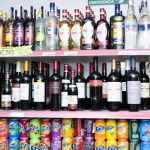 Shelves with vodka, beer and soft drinks